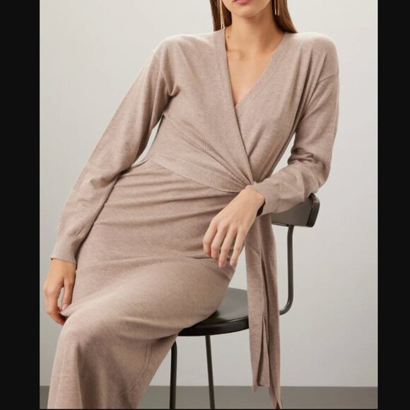 Modern Citizen Front-Wrap Dress Lenese Midi Oatmeal Tan V-Neck Business Casual - Picture 3 of 16